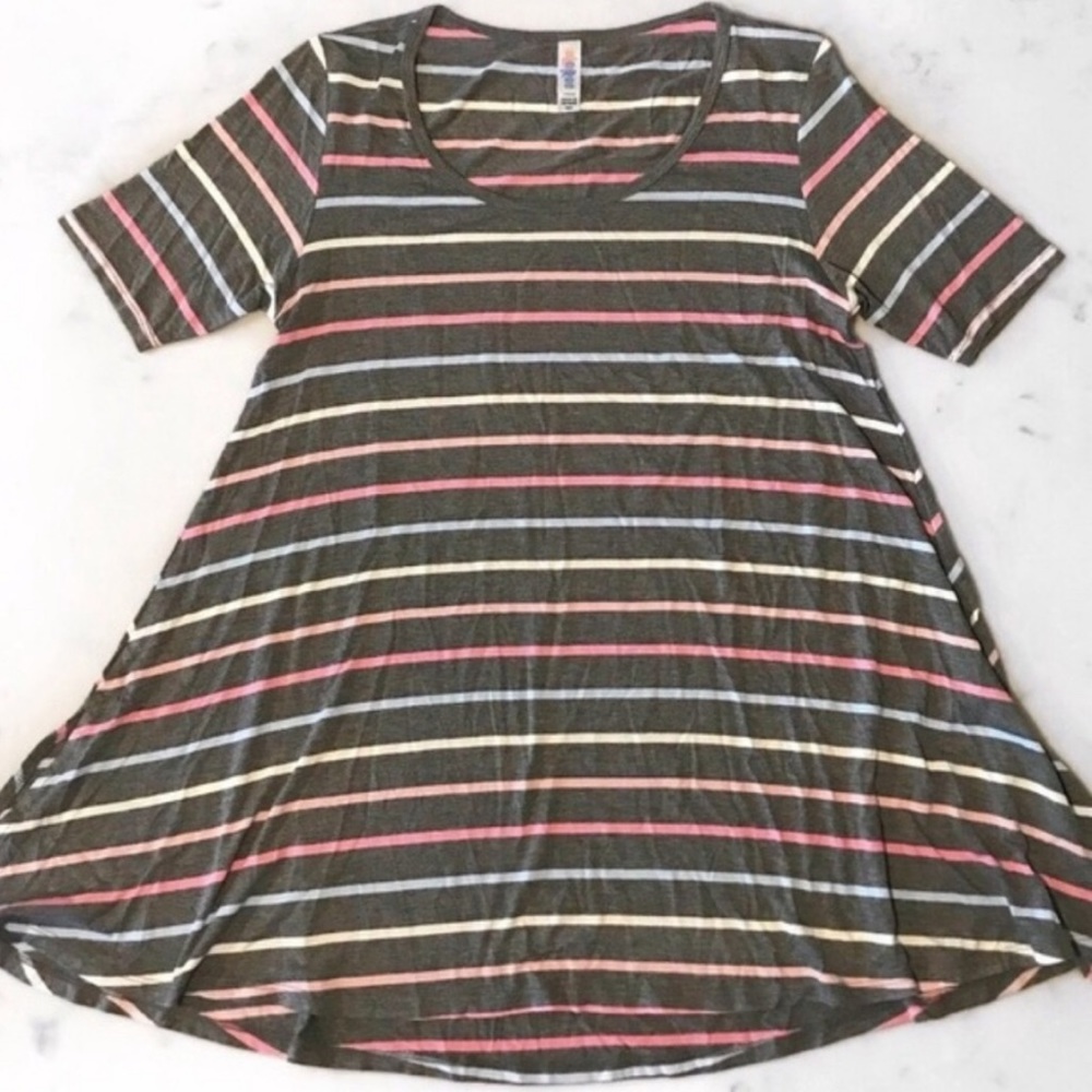 LuLaRoe Perfect Tee Gray Pink Striped Swing Top XXS 90s Casual Soft Grunge